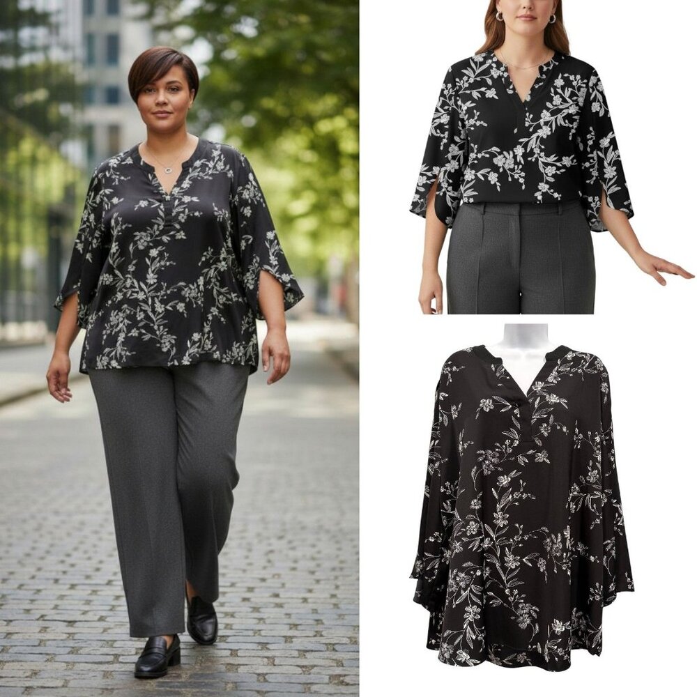 Anyally Chiffon 3/4 Split Sleeve Tunic Blouse Black Floral Workwear Size 4XL NEW